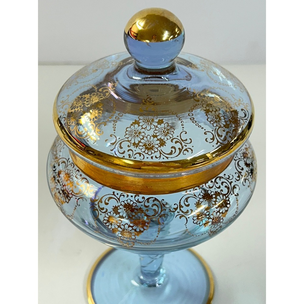 Vtg Blue Czech Bohemian Glass Gold Handpainted Floral Trim Apothecary Candy Dish - Picture 3 of 6